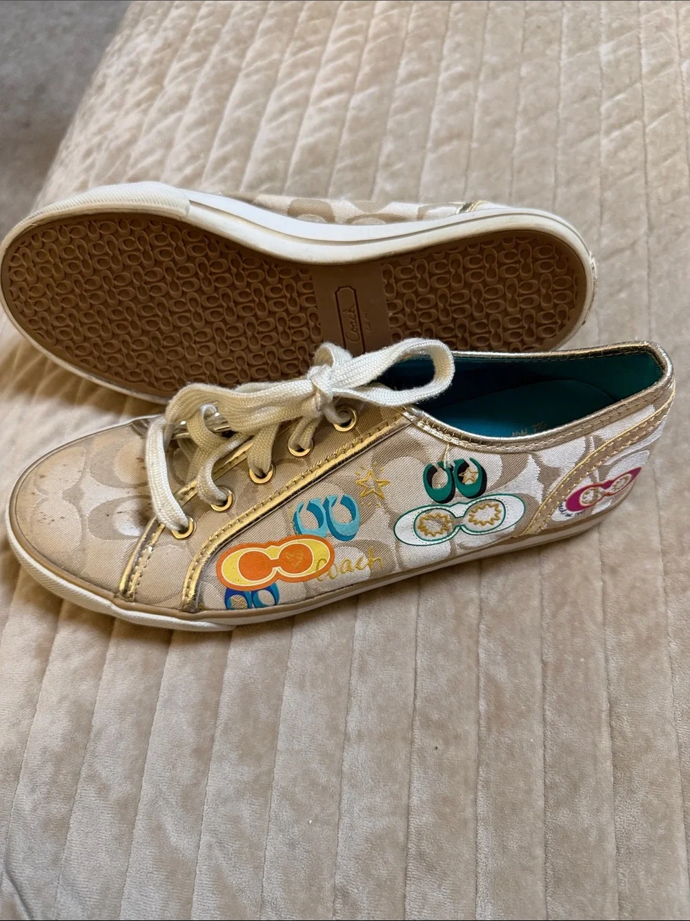 Coach Kids Cream Canvas Sneakers with Gold Trim and Multicolor Accents